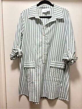 The Shirt by Rochelle Behrens Mint & White Striped Button-Front Blazer